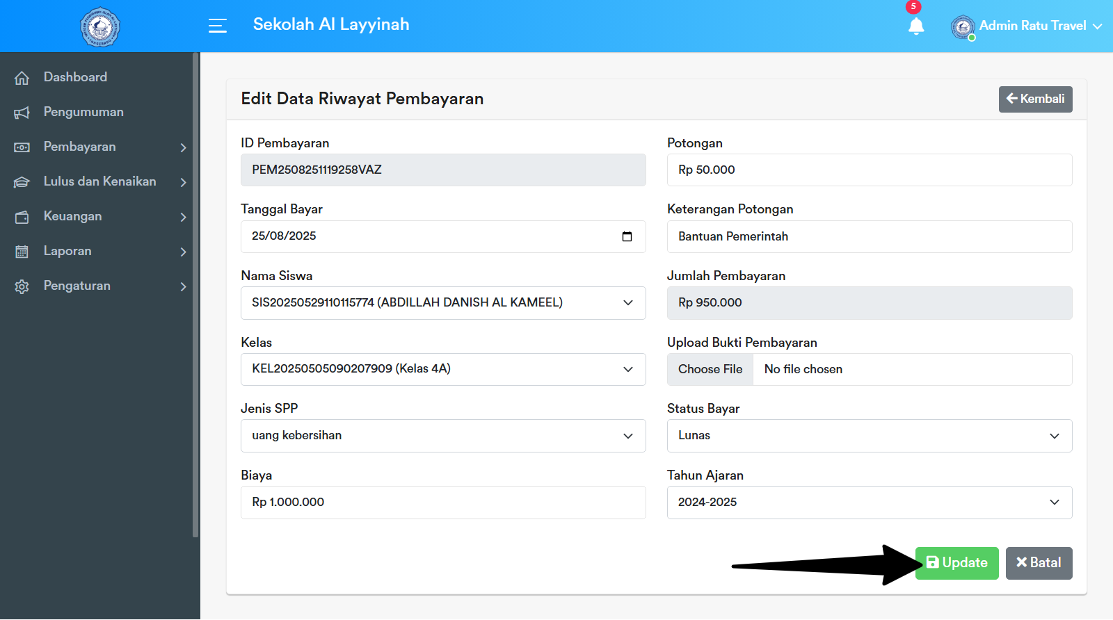 Tombol Update RIwayat Pembayaran